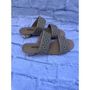 Vintage‎ Van Eli Tan and Silver Beaded Sandals Size 8M-unique heel